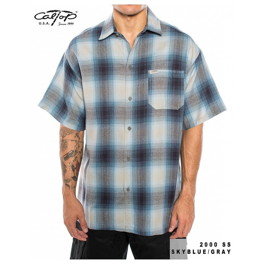 CalTop Men's‎ Button Up SS Flannel Shirt USA Homie Grey Sky Blue Plaid 5XL